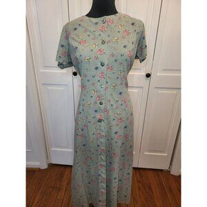 Vintage 90s Sage Floral Button Up Knit Midi Dress M Cottage Boho Spring Easter